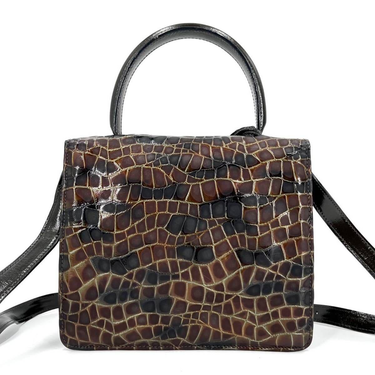 1円【 超希少・最高級 】LOEWE ロエベ バルセロナ 2way ショルダーバッグ ハンドバッグ クロコ柄 パテントレザー 茶 ロゴプレート 斜め掛け