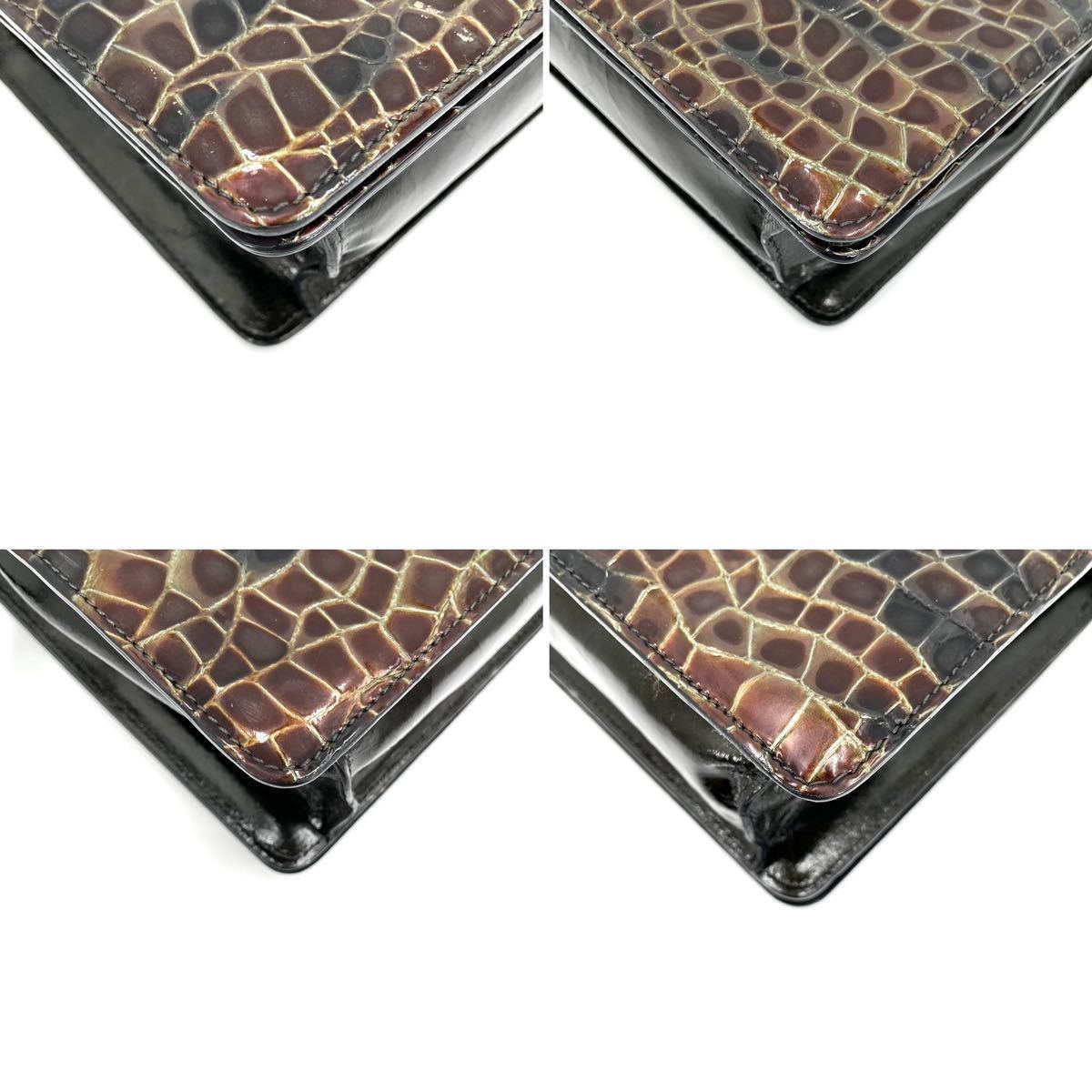 1円【 超希少・最高級 】LOEWE ロエベ バルセロナ 2way ショルダーバッグ ハンドバッグ クロコ柄 パテントレザー 茶 ロゴプレート 斜め掛け