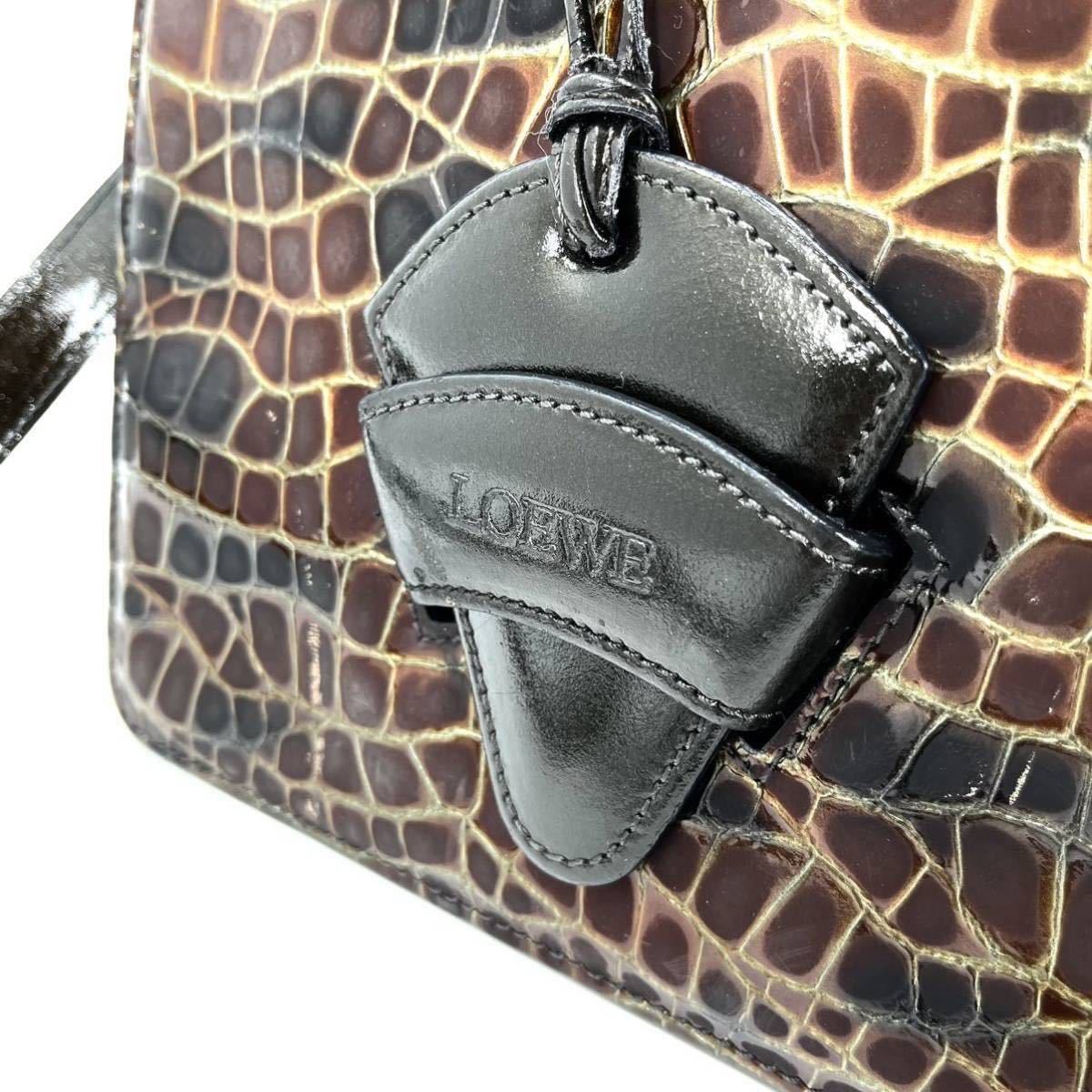 1円【 超希少・最高級 】LOEWE ロエベ バルセロナ 2way ショルダーバッグ ハンドバッグ クロコ柄 パテントレザー 茶 ロゴプレート 斜め掛け