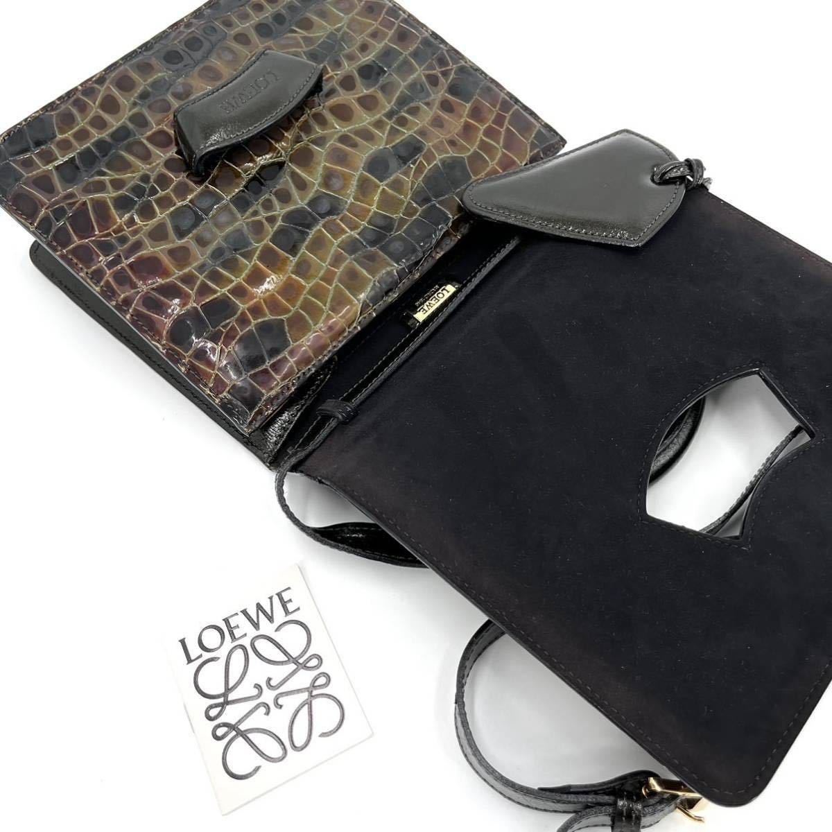 1円【 超希少・最高級 】LOEWE ロエベ バルセロナ 2way ショルダーバッグ ハンドバッグ クロコ柄 パテントレザー 茶 ロゴプレート 斜め掛け