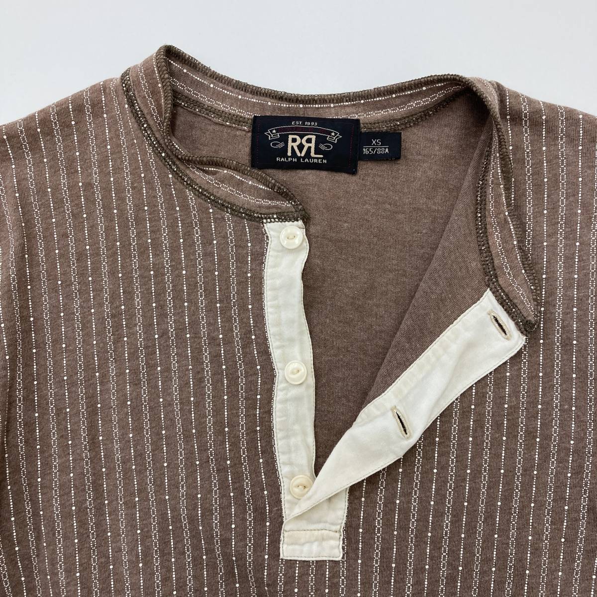 RRL 柄ストライプ ヘンリーネック 長袖 カットソー ブラウン XSサイズ