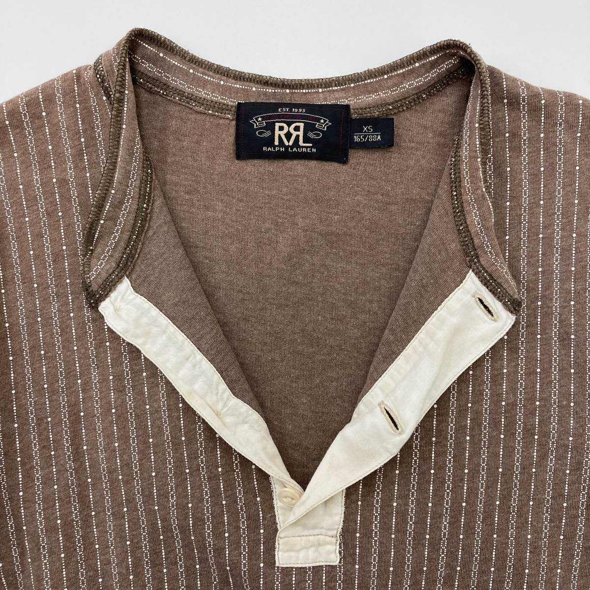 RRL 柄ストライプ ヘンリーネック 長袖 カットソー ブラウン XSサイズ