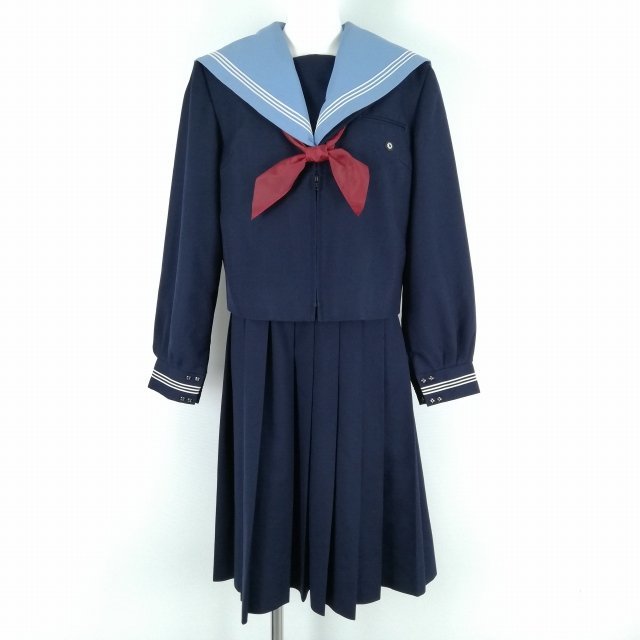 1円 セーラー服 ジャンパースカート スカーフ 上下3点セット 170A 大きいサイズ トンボ 冬物 白3本線 中学 高校 紺 中古 ランクC EY4769