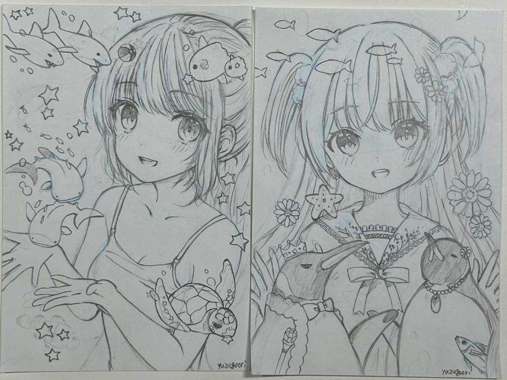 イラスト 手描き アナログ オリジナル 創作 鉛筆 ラフ画 下描き 2枚