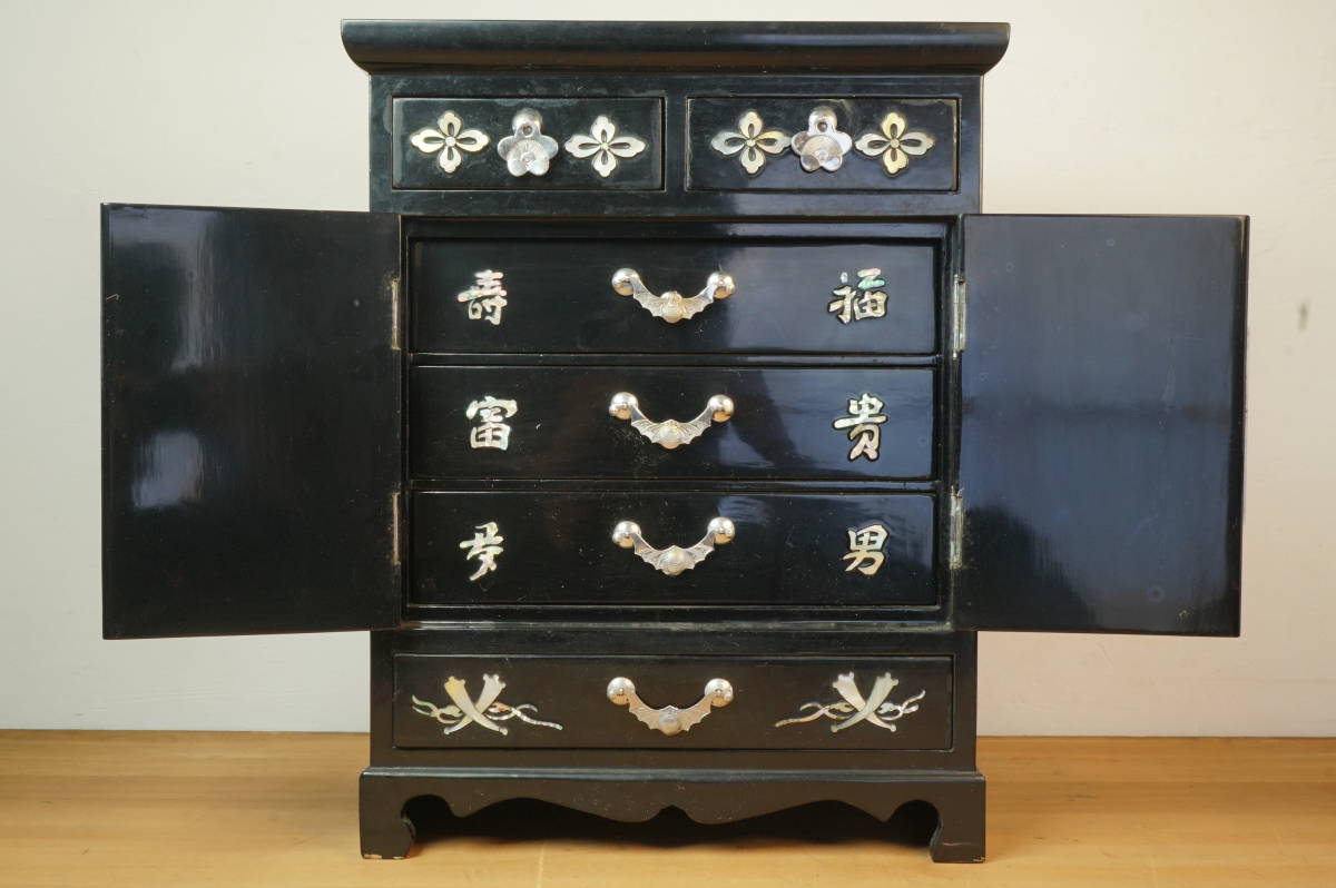 韓国 黒漆 青貝螺鈿細工 小引出 観音開 5段 鍵付 ◇ 飾り棚 箪笥 抽斗