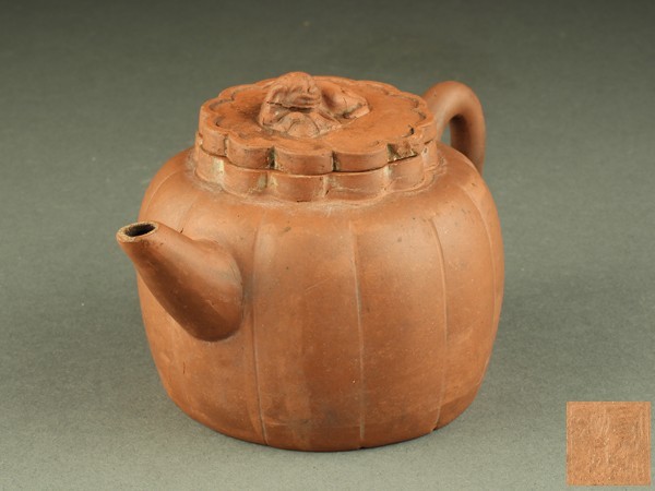 【宇】IA088 唐物 獅子摘 瓜式朱泥急須 在款 単孔口 煎茶道具