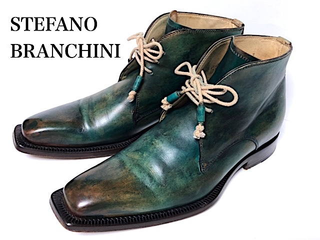二点以上で送料無料！ 2A42 【極美品】伊製 ステファノブランキーニ チャッカブーツ レースアップ グリーン系 メンズ 7 本革 革靴 25.5cm