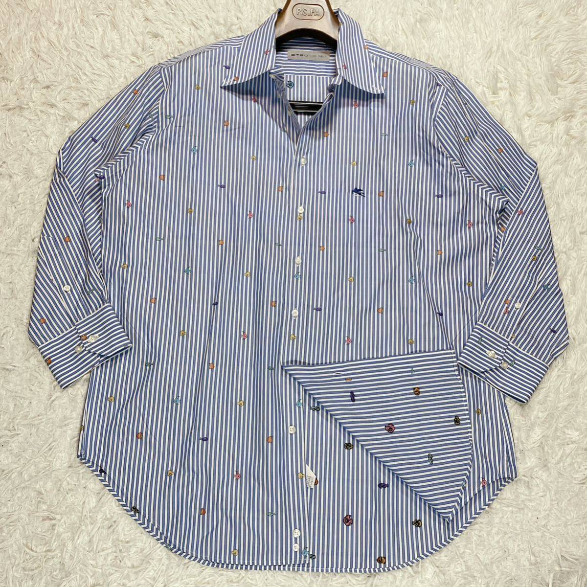 エトロ ETRO 総柄 シャツ 長袖 植物柄 紺 ネイビー 43 M～L 1円 【美