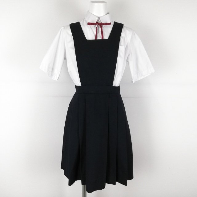 1円 ジャンパースカート 紐タイ 150A ウエスト66 トンボ 夏物 女子 学生服 中学 高校 紺 制服 中古 ランクB EY5712