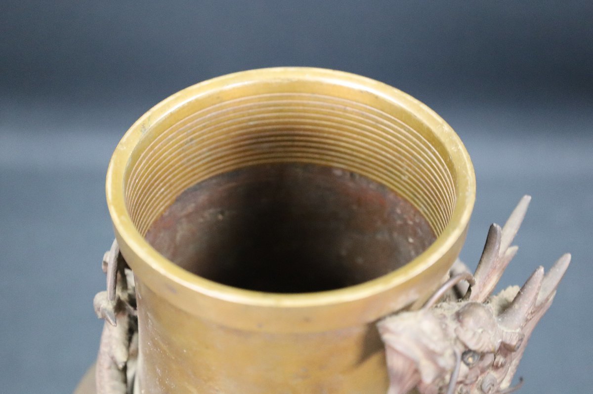 薄端 銅器 龍 年代物 三脚 水盤 龍細密彫刻 龍図浮彫 華道具 花器 花瓶