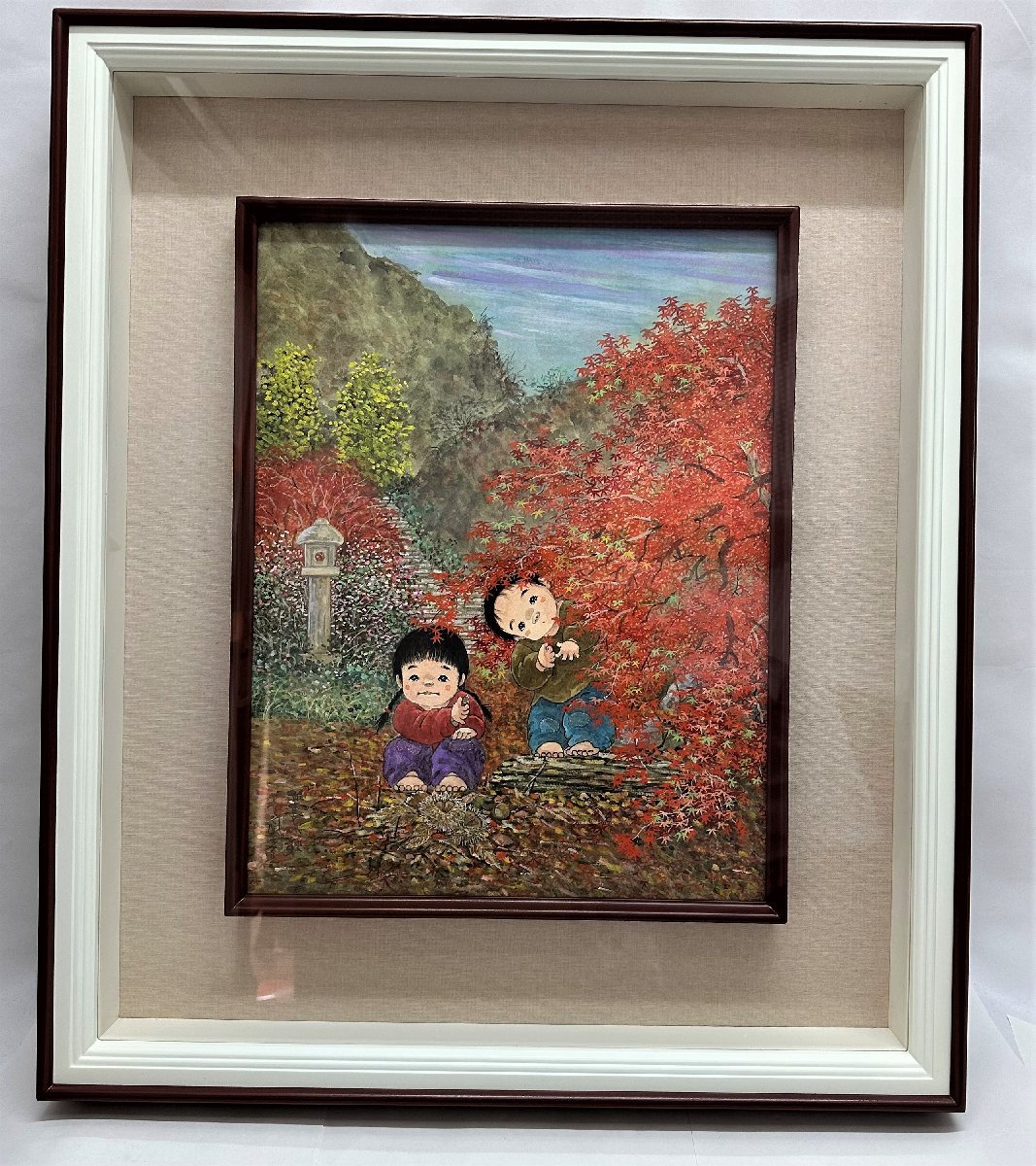 開田風童 「楽しい秋」 水彩画6号 人気童画家 真作保証 サイズ61.5cm
