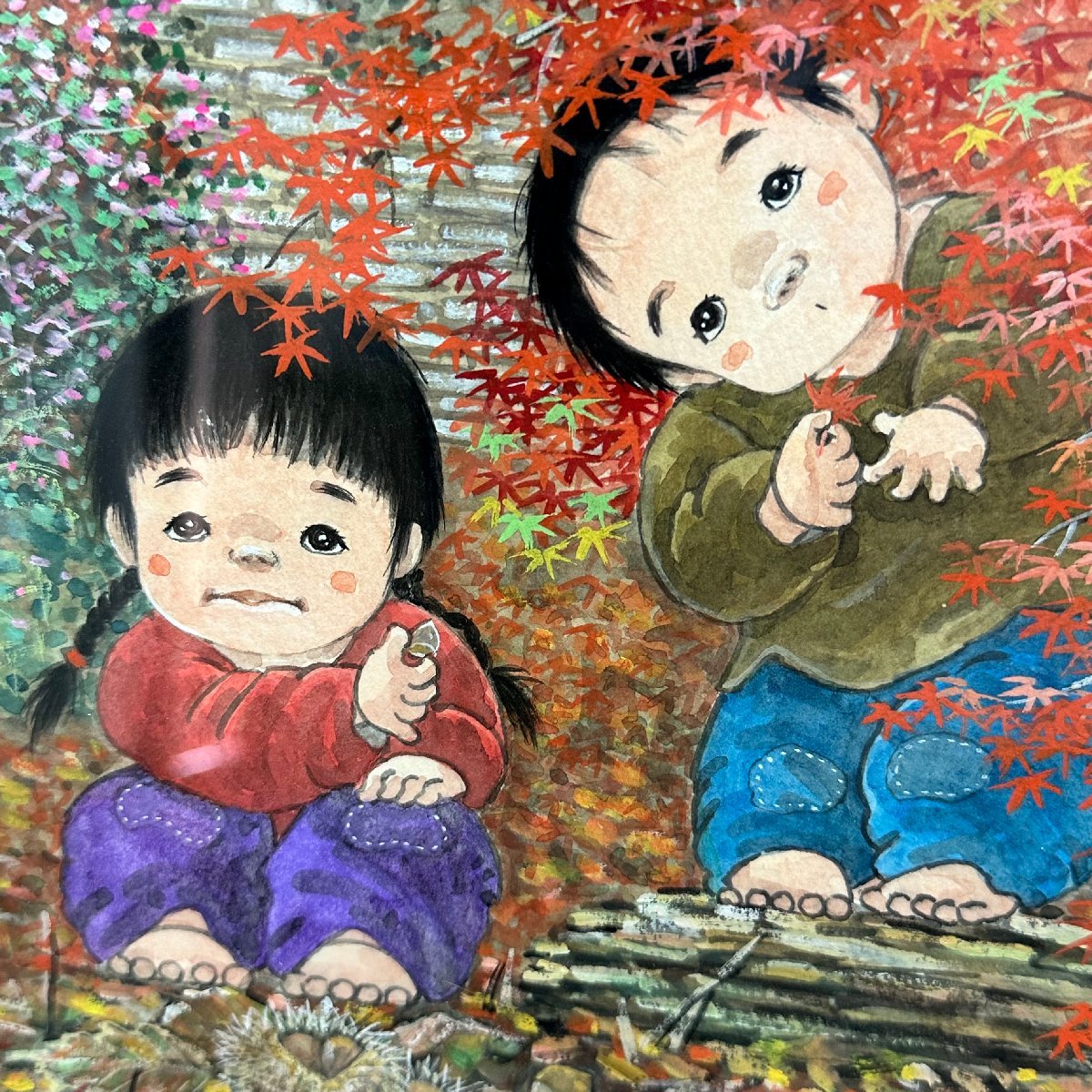 開田風童 「楽しい秋」 水彩画6号 人気童画家 真作保証 サイズ61.5cm
