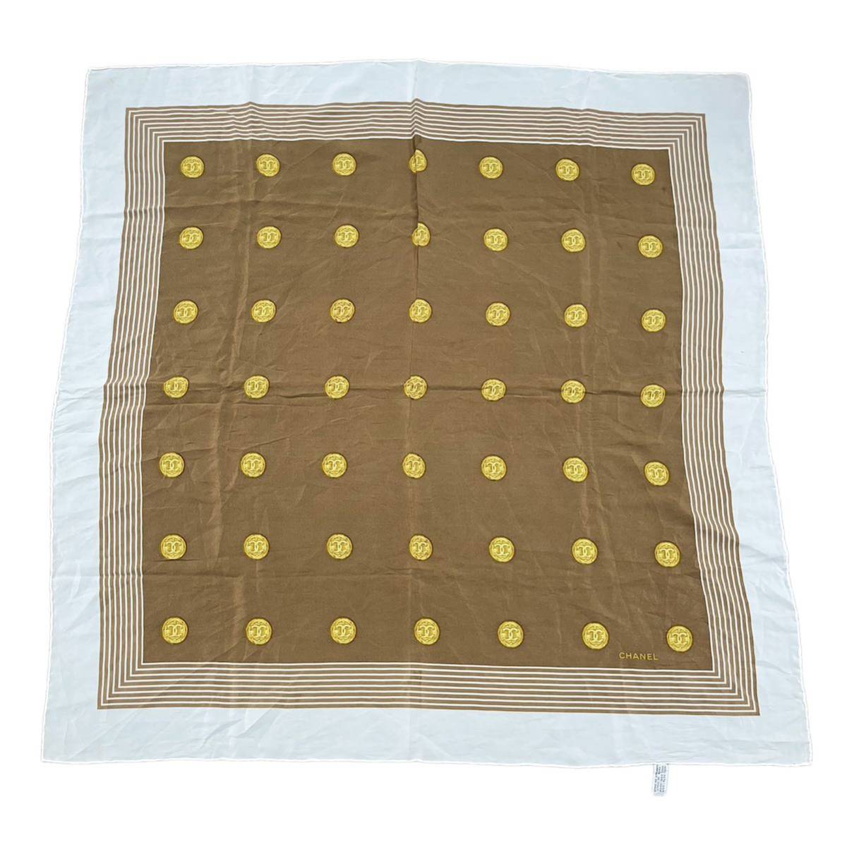 イタリア製 CHANEL シャネル シルクスカーフ ブラウン ベージュ ゴールド 水玉 ドット メダル 総柄 vintage レトロ