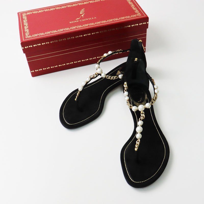 美品 レネカオヴィラ Rene Caovilla WENDY SPLIT NERO パール装飾サンダル 36/ブラック トング【2400013540087】