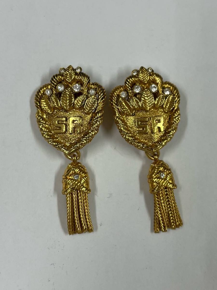 31623【SONIA RYKIEL】イヤリング　ロゴマーク　フリンジ　ラインストーン　ソニアリキエル　ゴールドカラー