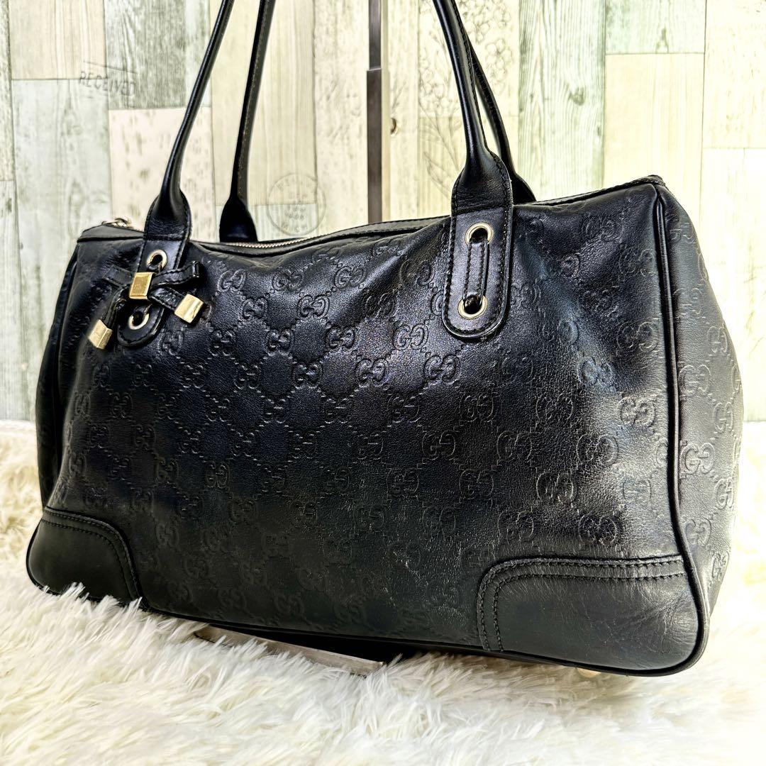 美品 GUCCI グッチ プリンシー トートバッグ ショルダーバッグ シマ リボン ホースビット 総柄 ゴールド金具 レザー ブラック 黒 肩掛け
