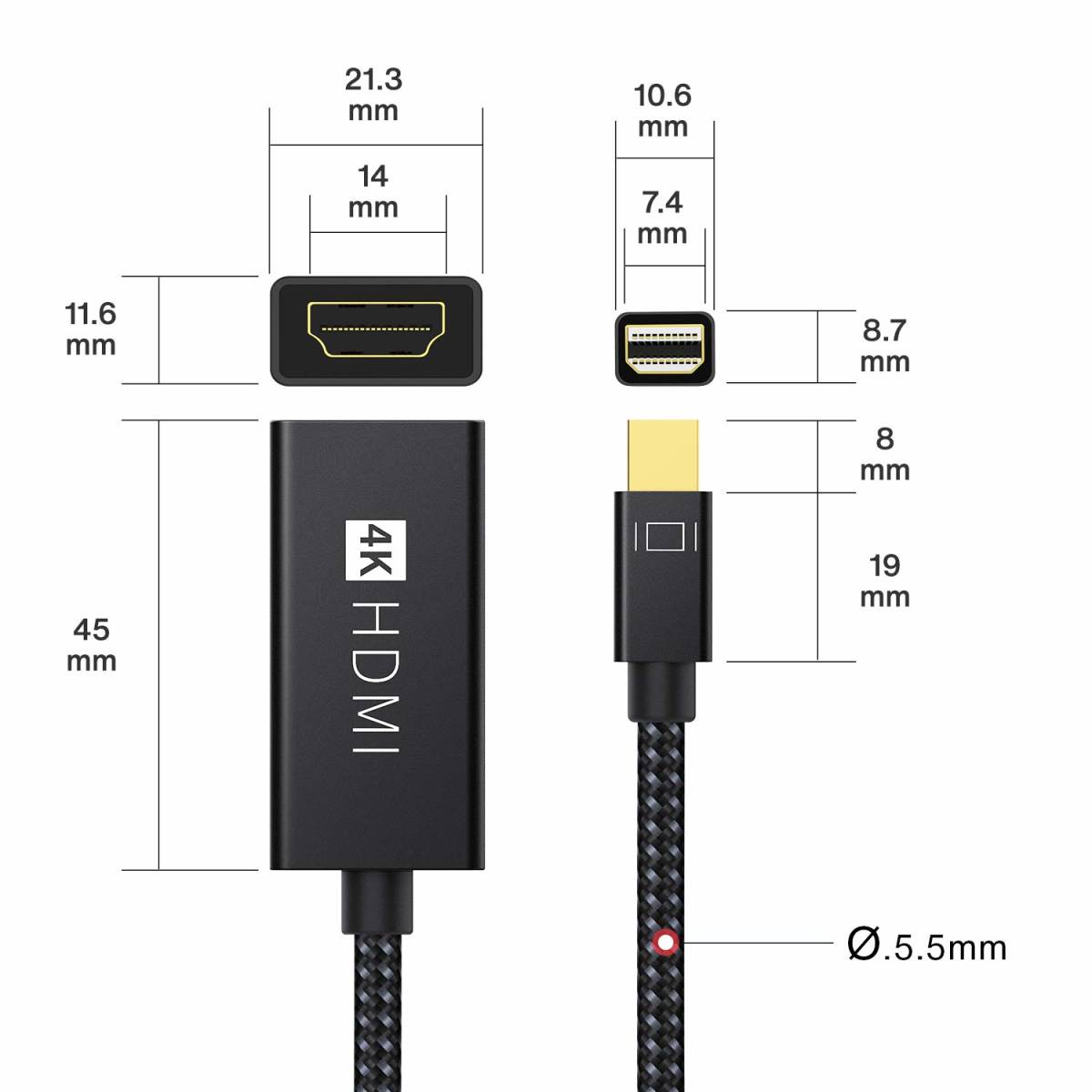 IVANKY Mini DisplayPort naar HDMI-adapter 4K @30Hz [2 stuks), Thunderbolt 2 (Mini DP) HDMI-adapter nylon, geschikt voor MacBook Air/Pro, Microsoft Surface Pro, monitor, projector en meer, 20 cm, grijs