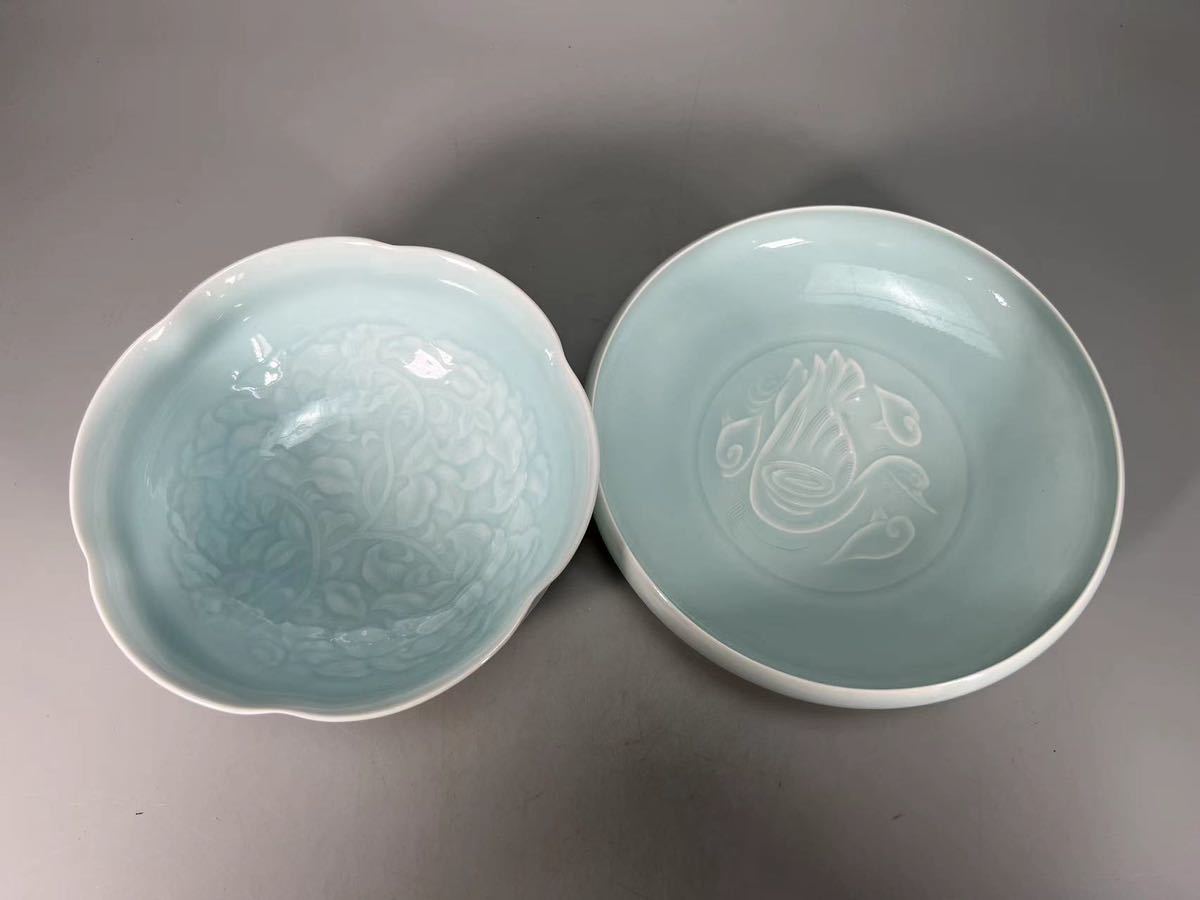 M0137 快山窯 塚本快示作 青白磁菓子鉢 2点 水鳥紋 唐草紋 茶道具 菓子