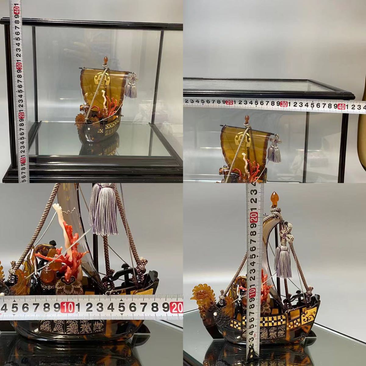 本鼈甲 べっ甲 鳳凰宝船 置物 赤珊瑚