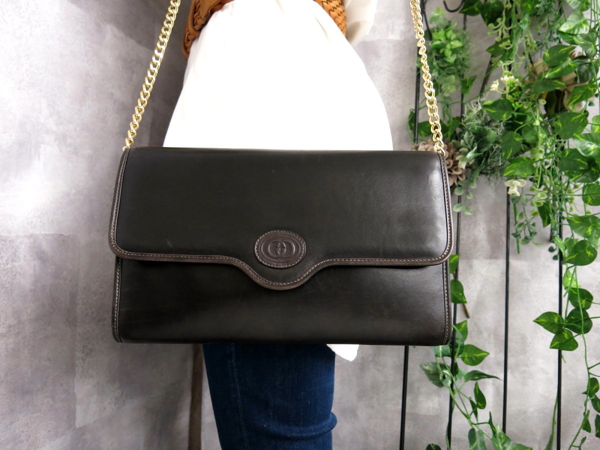  超 GUCCI オールド グッチ カーフ レザー 本革 チェーン ショルダー バッグ 黒 イタリア製 斜め掛け ヴィンテージ Js40637(オールドグッチ)｜売買されたオークション情報、yahooの商品情報をアー かばん、バッグ
