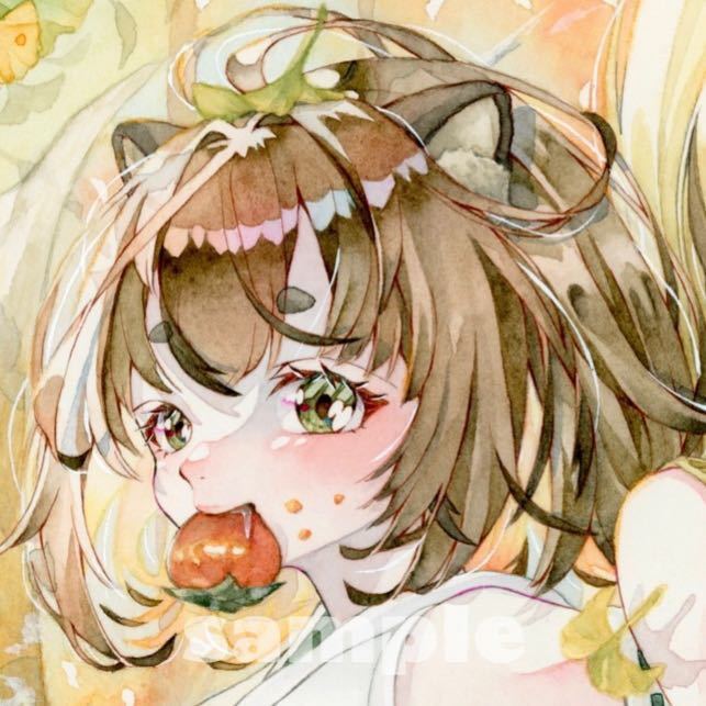 手描きイラストオリジナル 透明水彩 アナログ原画A4『ミノリ』銀杏
