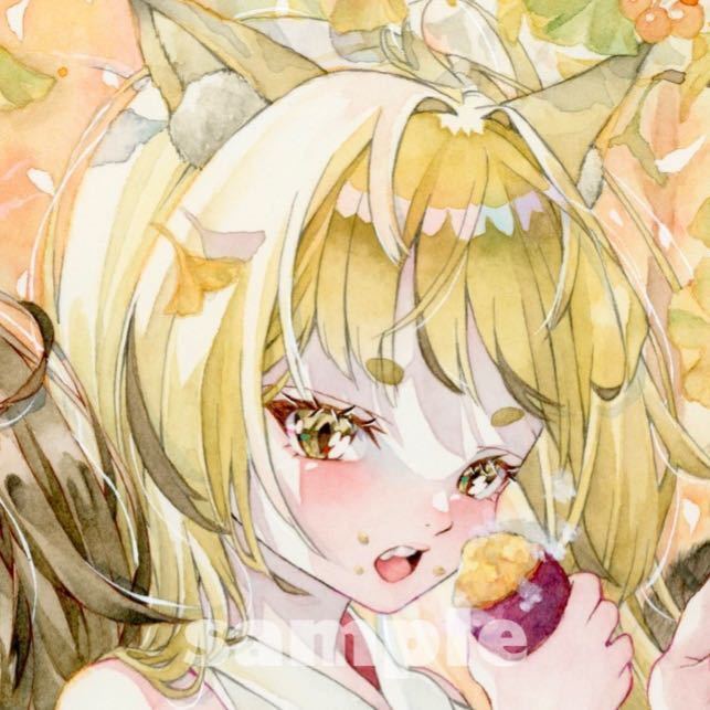 手描きイラストオリジナル 透明水彩 アナログ原画A4『ミノリ』銀杏