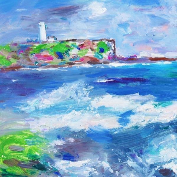 真作】【WISH】櫻井慶治「犬吠埼の波涛 波間の灯台」油彩 20号 大作