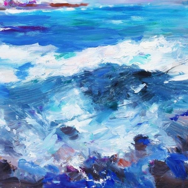 真作】【WISH】櫻井慶治「犬吠埼の波涛 波間の灯台」油彩 20号 大作