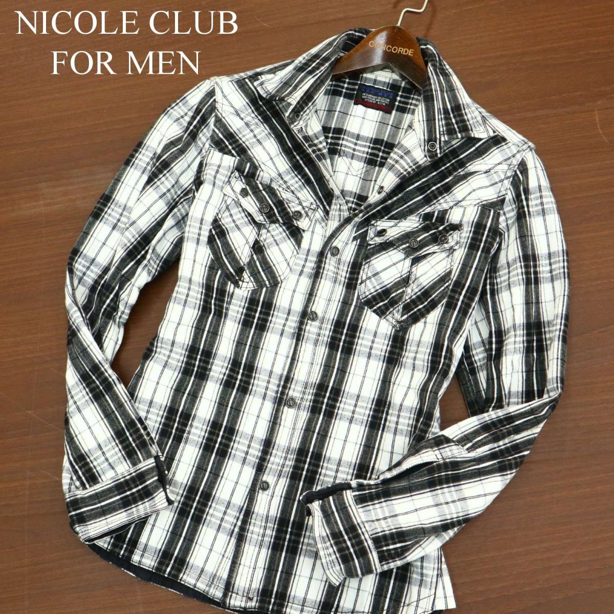 NICOLE CLUB FOR MEN ニコルクラブ フォーメン 秋冬 襟袖ワイヤー★ 長袖 ウエスタン チェック ネル シャツ Sz.46　メンズ　A3T11678_A#B
