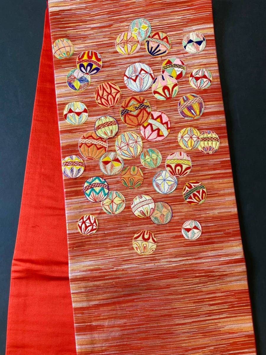 アンティーク 刺繍 着物 夏用 銀糸 絽 063b 水玉 扇 鞠 名古屋帯 2026