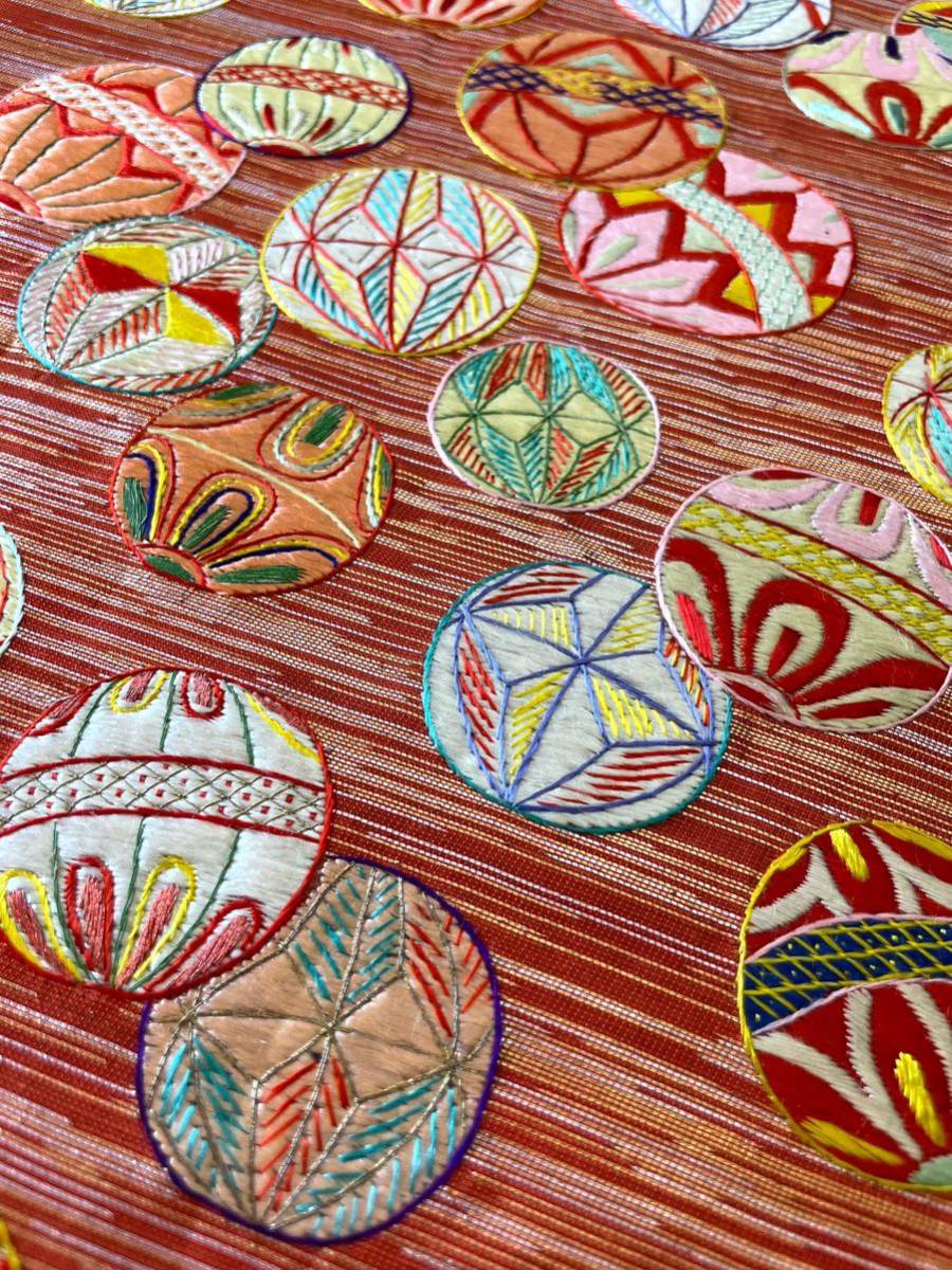 アンティーク 刺繍 着物 夏用 銀糸 絽 063b 水玉 扇 鞠 名古屋帯 2026