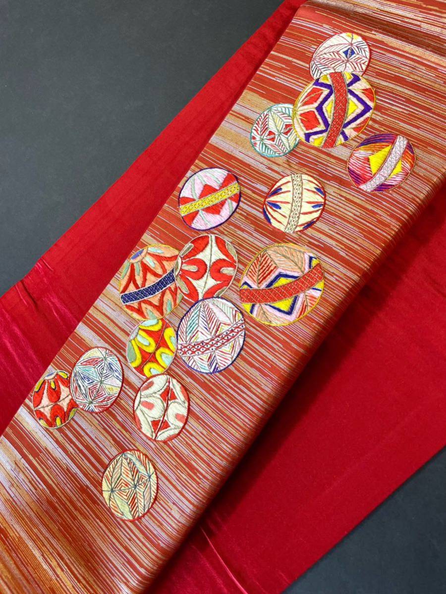 アンティーク 刺繍 着物 夏用 銀糸 絽 063b 水玉 扇 鞠 名古屋帯 2026