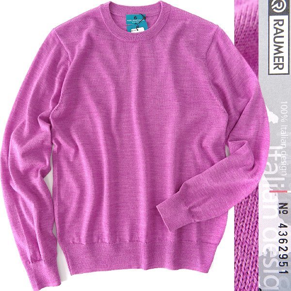 新品 ミエル イタリア糸 RAUMER メリノウール ハイゲージ クルーネック ニット L 桃 【SS22-1125_18】 秋冬 メンズ MIERU セーター 長袖