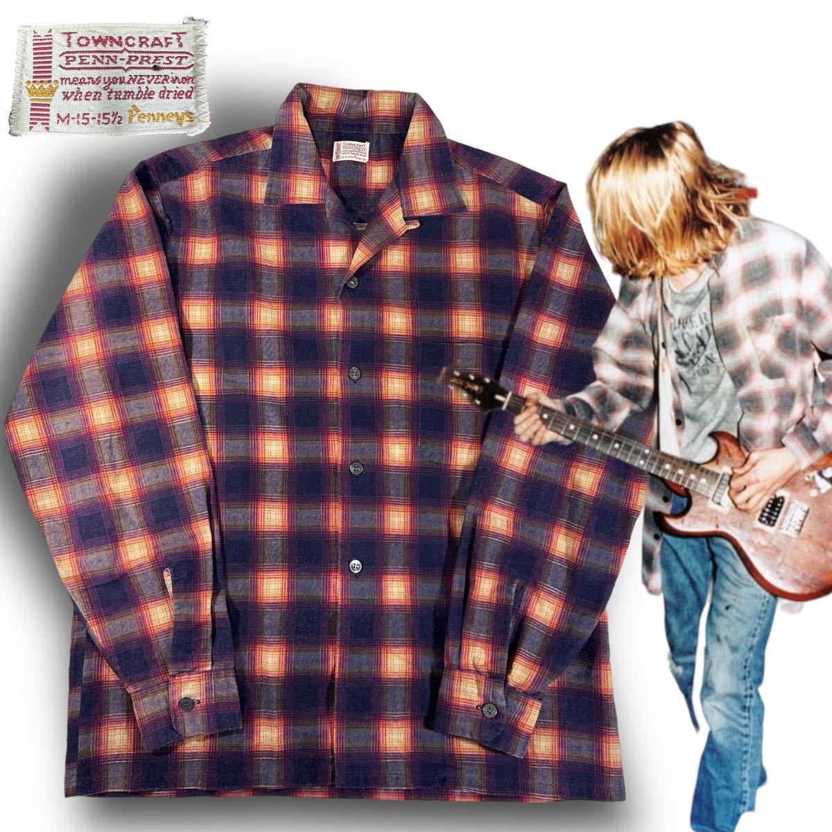 ★希少60s~ TOWN CRAFT オンブレシャドーチェック柄 プリントネルシャツ オープンカラー タウンクラフト カート・コバーン ビンテージ