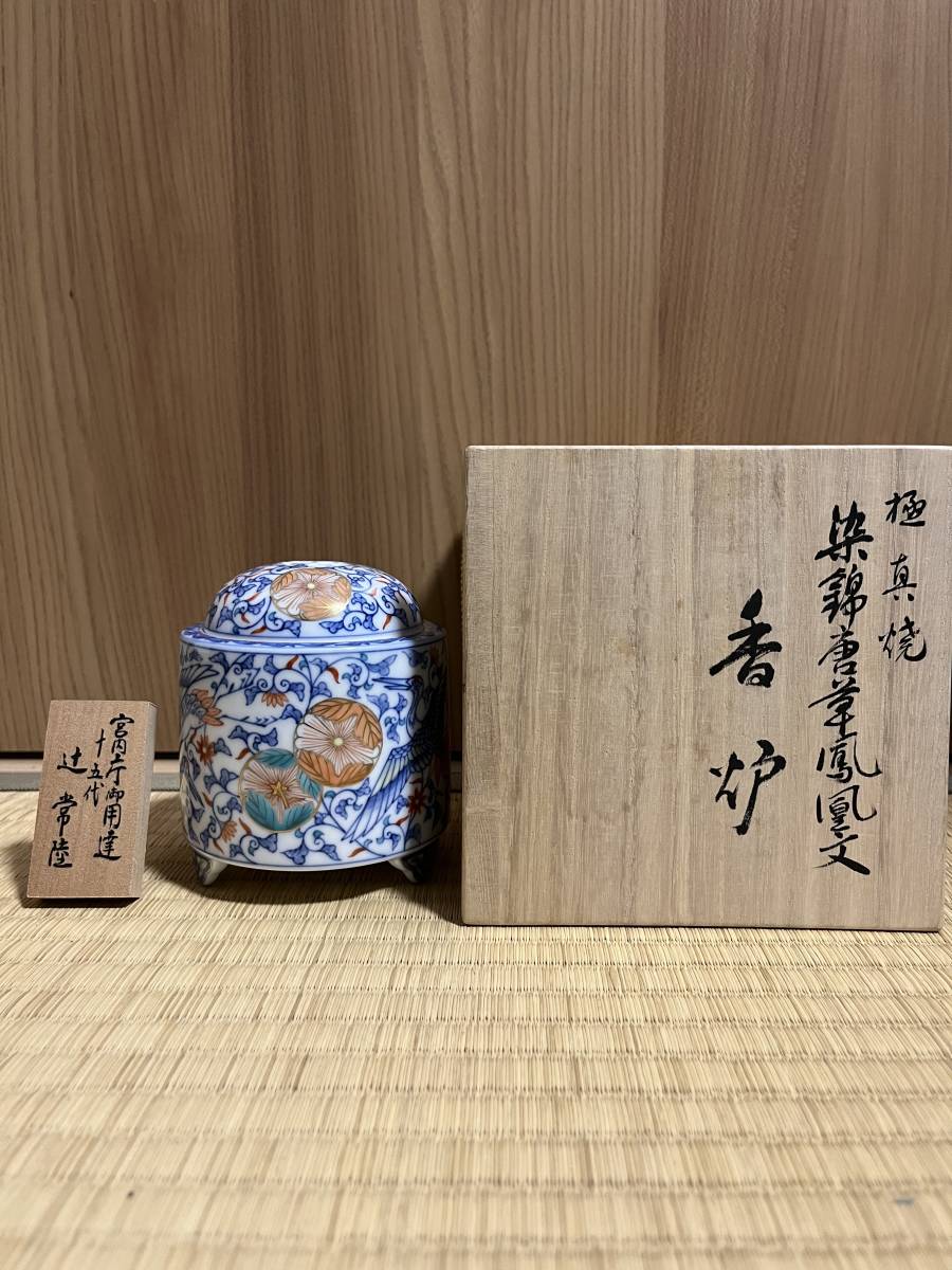 東華鳳九写真専用5 送料無料 極真焼 染錦唐草鳳凰文 香炉 十五代 辻常陸 製 製作番号 1/20