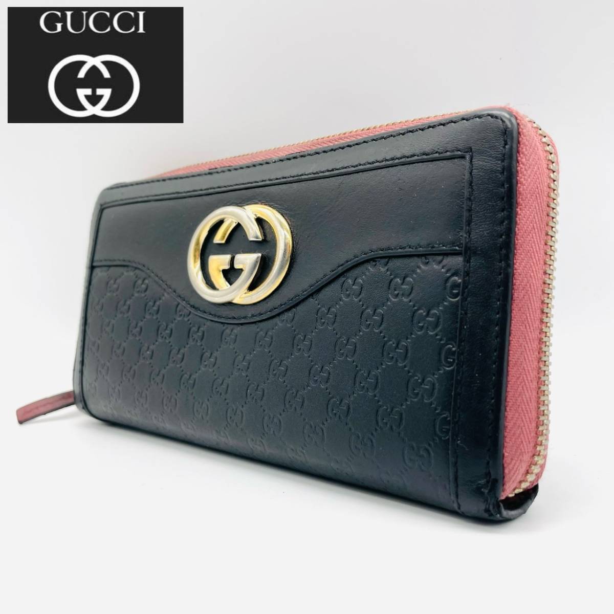 1円～★GUCCI グッチ レザーウォレット マイクロGG インターロッキング ロングウォレット ラウンドファスナー 長財布 黒 ブラック ピンク