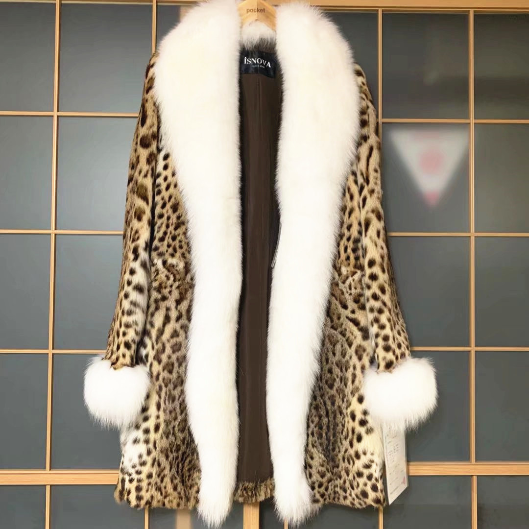 新品未使用　日本製ISNOVA　希少　高額品　レオパードキャット　リアルファー　本毛皮　ロングコート　国際希少野生動植物種登録票付き