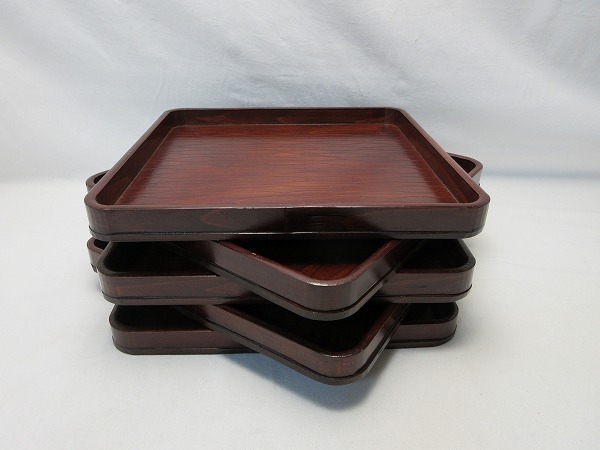 美品 懐石道具 木製 溜塗 四方膳 会席膳 十客組 宴会盆 銘々盆 平膳 箱無 美品 懐石道具 木製 溜塗 四方膳 会席膳 十客組 宴会盆 銘々