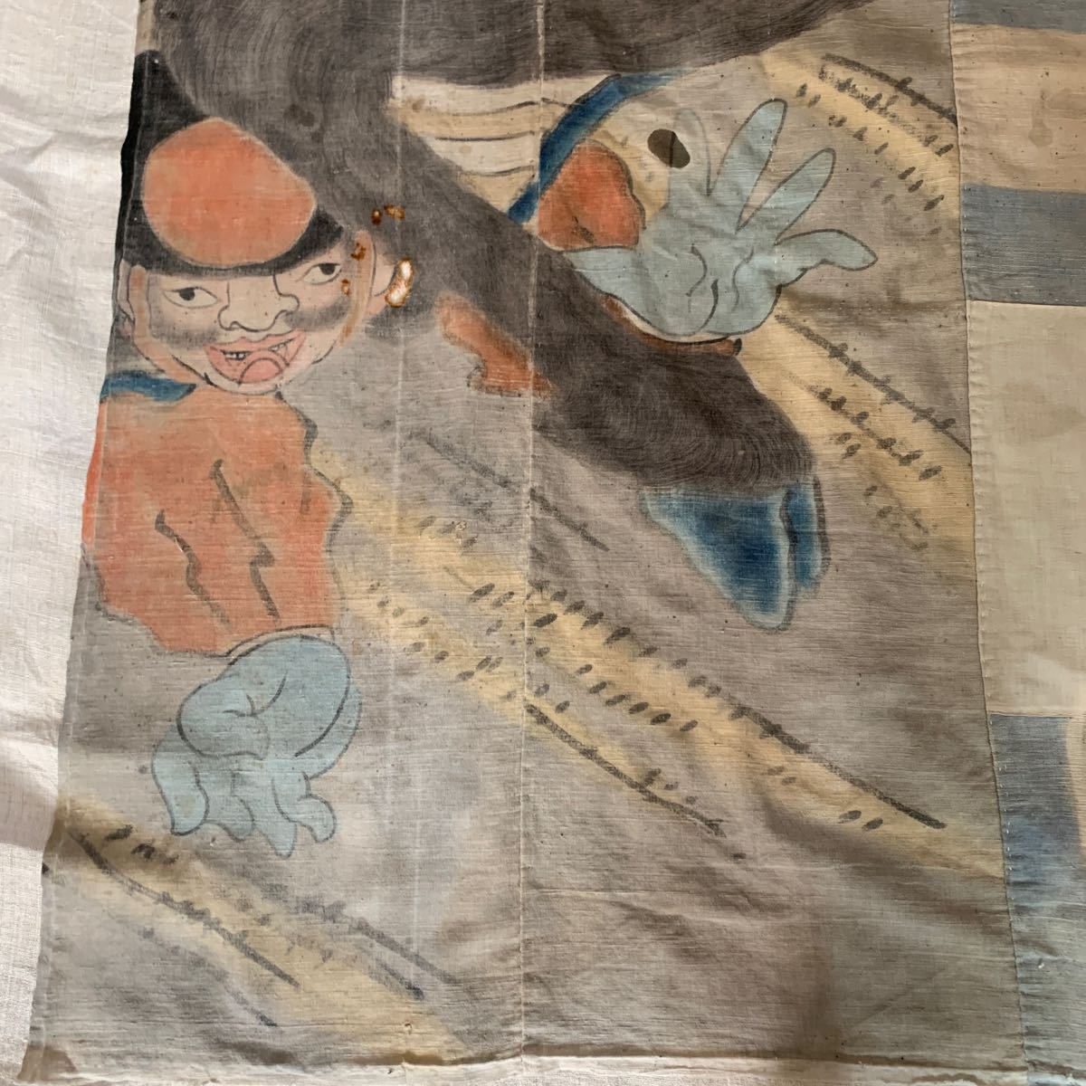 古布 幟 幟旗 木綿 BORO 襤褸 ぼろ 手描き(検藍染 更紗型染)リーメイク