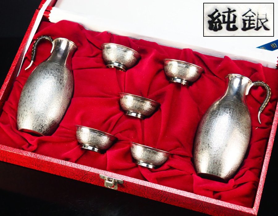 治】純銀製 鎚目紋酒器揃七点☆元箱付 銀