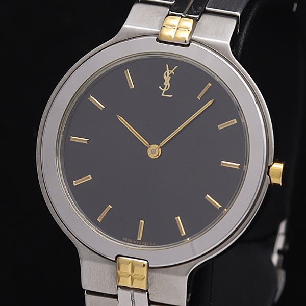 1円 稼働 良品 イブサンローラン QZ 9620-H13821 黒文字盤 ラウンド メンズ腕時計 NMR3837000SMD