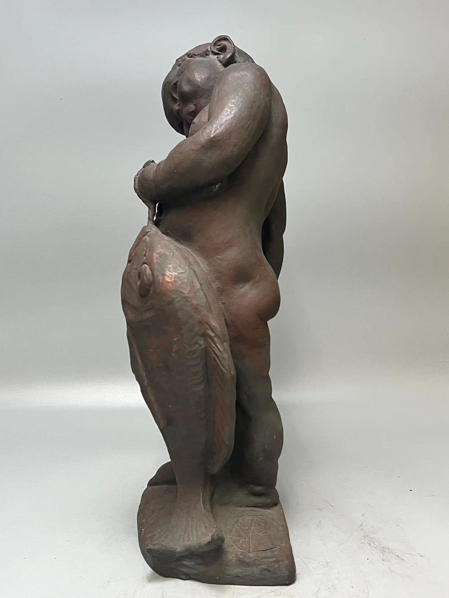ブロンズ製　【百獣王】と題された作品　小倉右一郎作 A0771 彫刻家 小倉右一郎作 童の鯉 ブロンズ像 置物 縁起物 飾物 細密