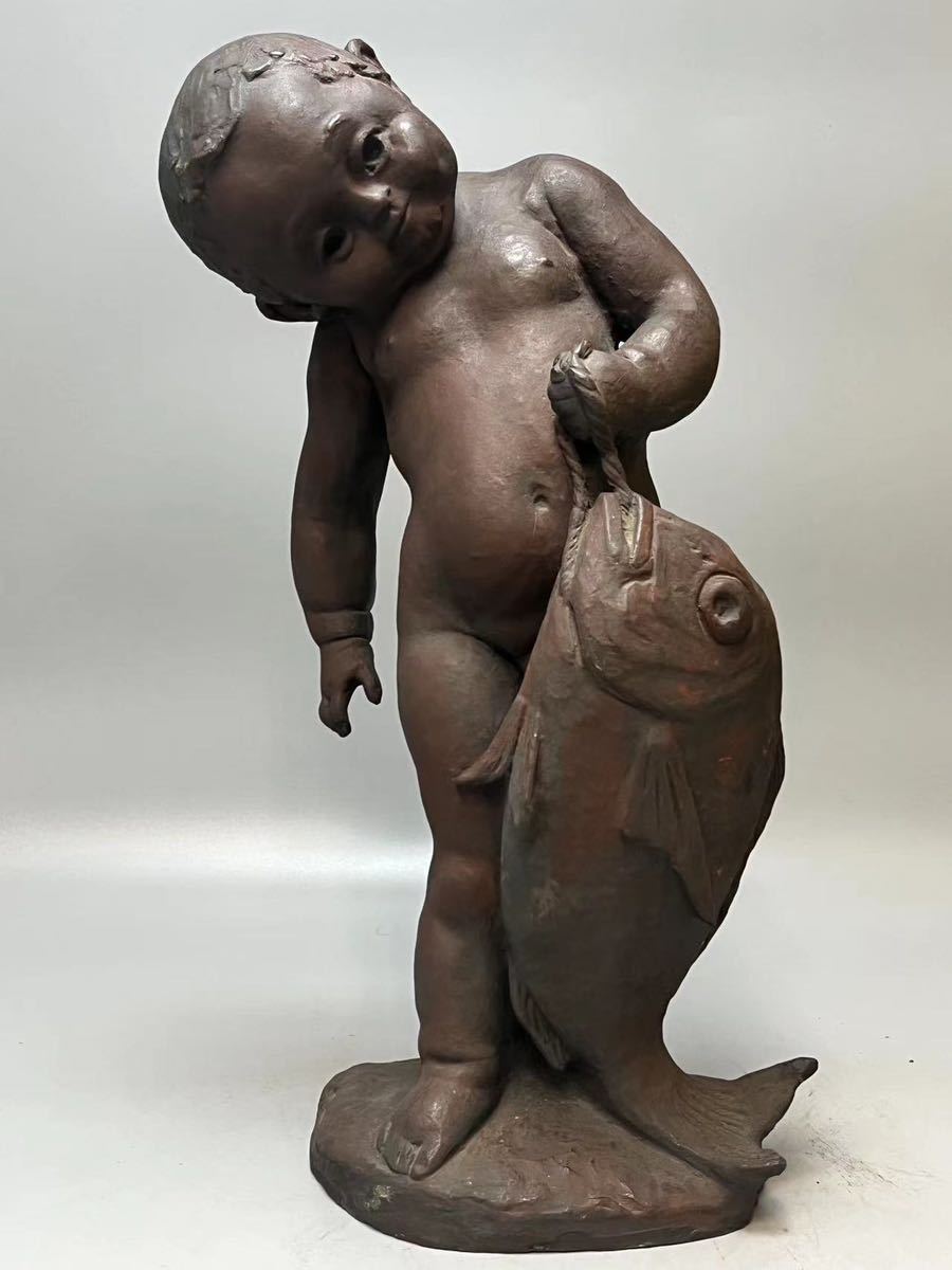 A0771 彫刻家 小倉右一郎作 童の鯉 ブロンズ像 置物 縁起物 飾物 細密