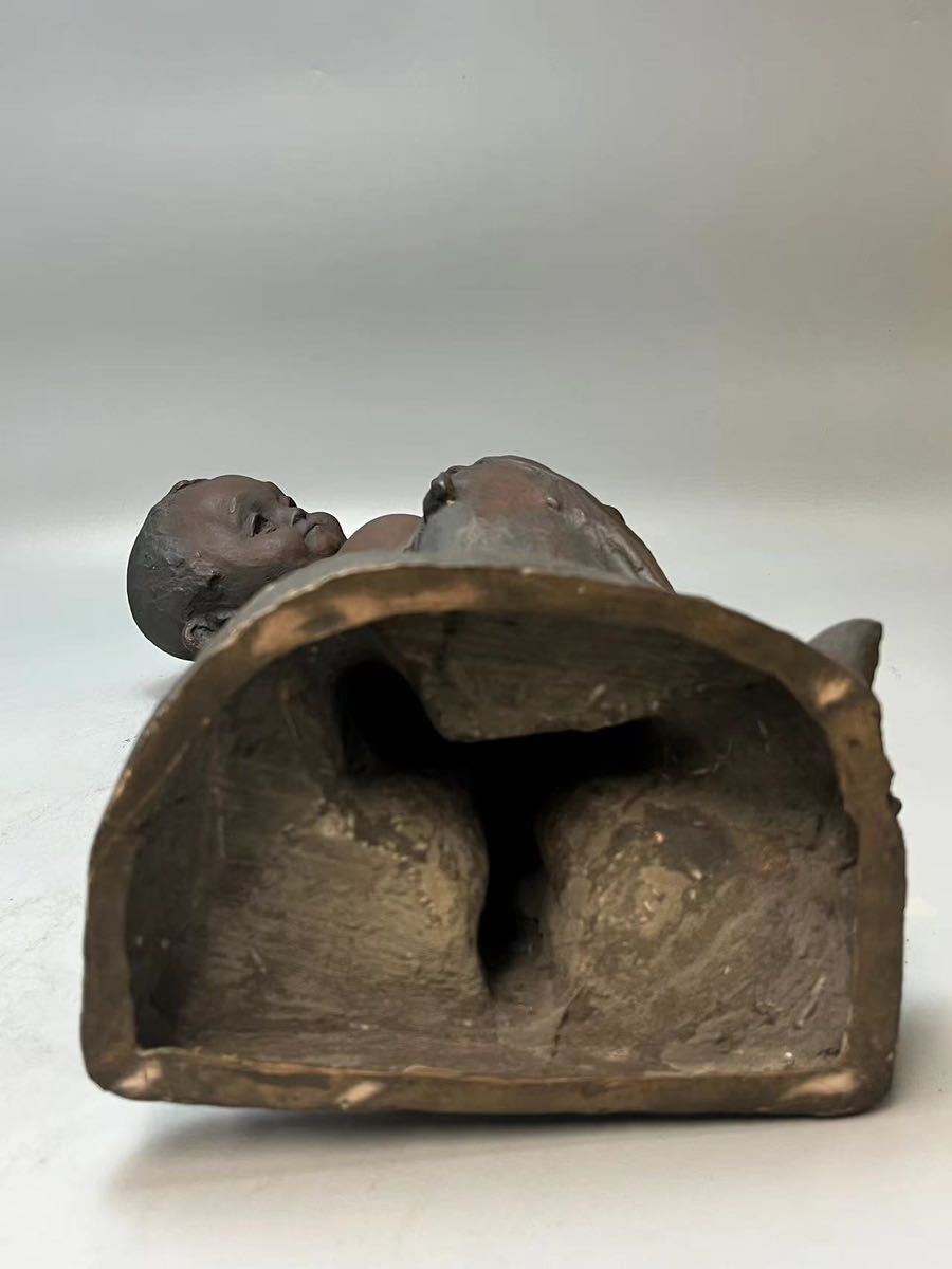 A0771 彫刻家 小倉右一郎作 童の鯉 ブロンズ像 置物 縁起物 飾物 細密