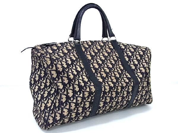1円 ChristianDior クリスチャンディオール レザー×キャンバス ハンドバッグ ミニボストン レディース ネイビー系×ベージュ系 BF3732