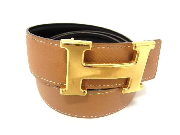 1円 ■美品■ HERMES エルメス コンスタンス ボックスカーフ×クシュベル ゴールド金具 リバーシブル ベルト □A刻印 ベージュ系 AU0379