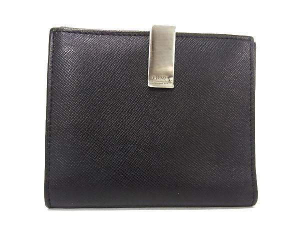 1円 ■極美品■ PRADA プラダ サフィアーノレザー Wホック 二つ折り 財布 ウォレット 小銭入れ 札入れ ブラック系 AU0455