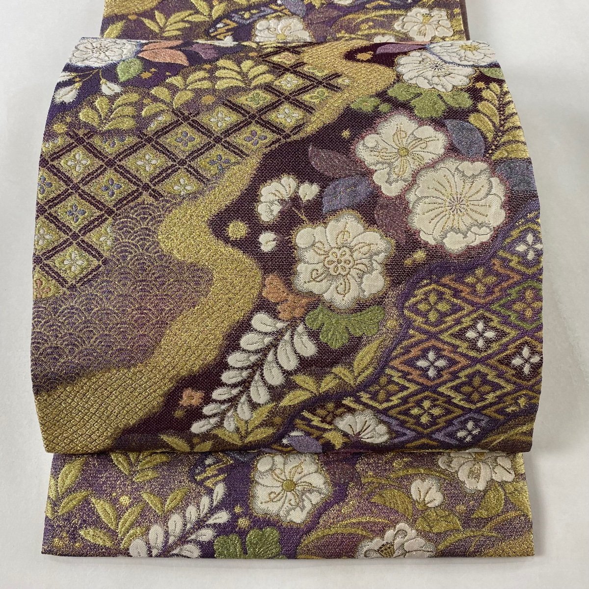 袋帯 美品 名品 手先ニ通り やまと 辻が花柄 菱 金糸 箔 紫 全通