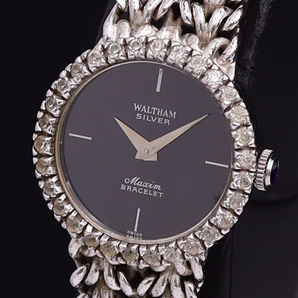 1円 稼動 ウォルサム 手巻き SV925 黒文字盤 ブレスレットウォッチ レディース腕時計 OGI 0375100