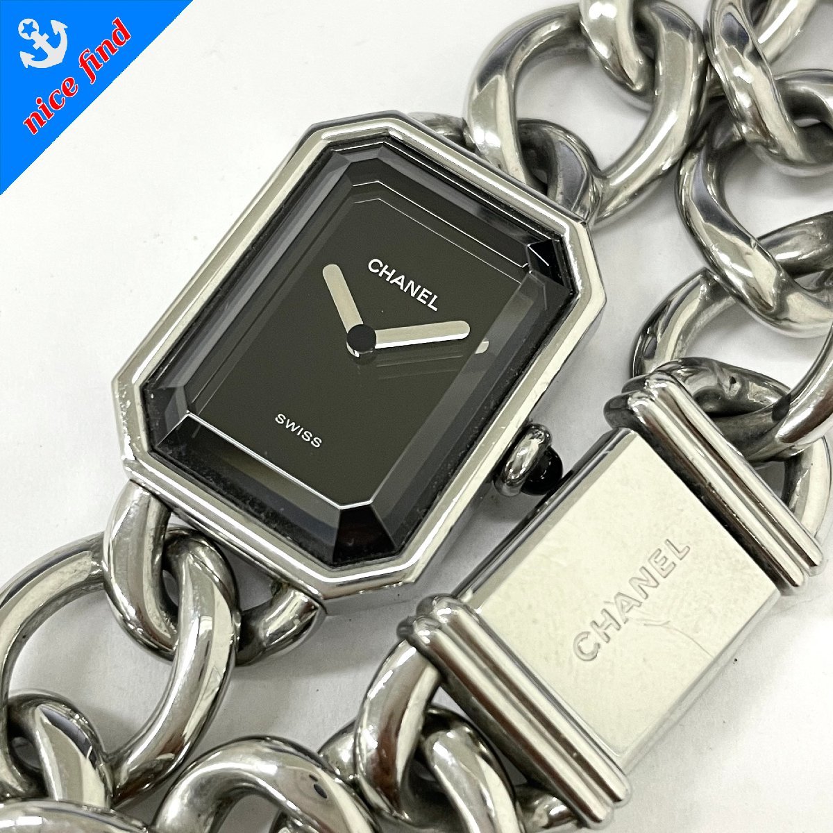 ◆シャネル CHANEL◆プルミエール Lサイズ クォーツ 腕時計 レディース ウォッチ ブラック文字盤 SS 不動品 スクエア チェーンブレス